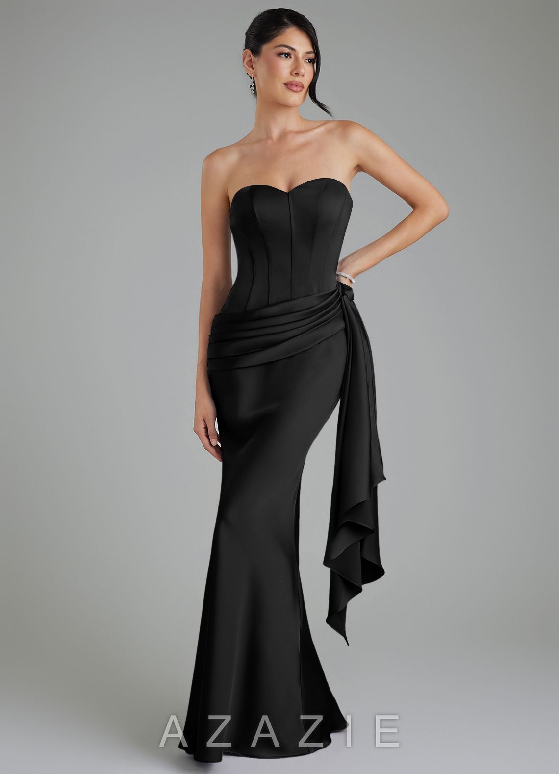 Azazie Draya Black Mermaid Strapless Stretch Satin Dress