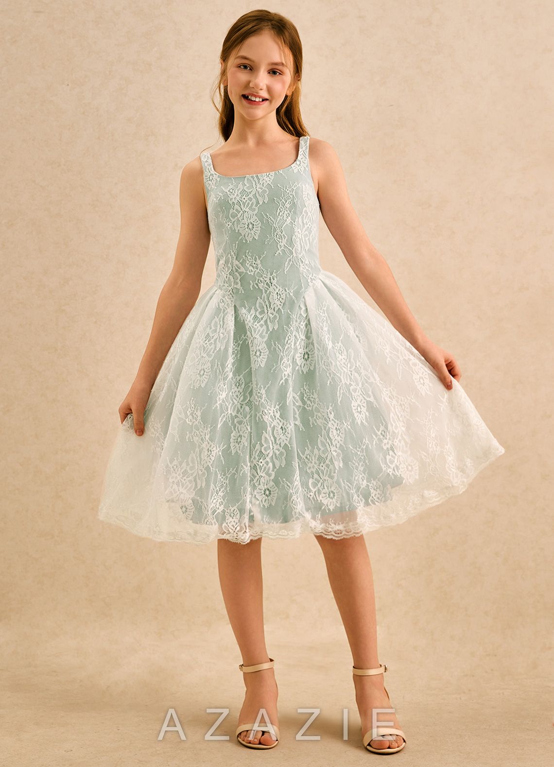 Azazie Cubbie Girls Formal Dusty Sage A-Line Lace Dress dusty_sage