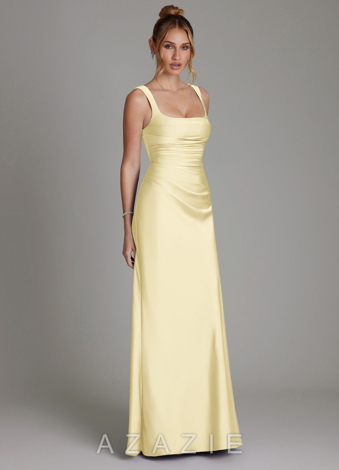 Azazie Agustina Lemon Sorbet Mermaid Corset Stretch Satin Dress