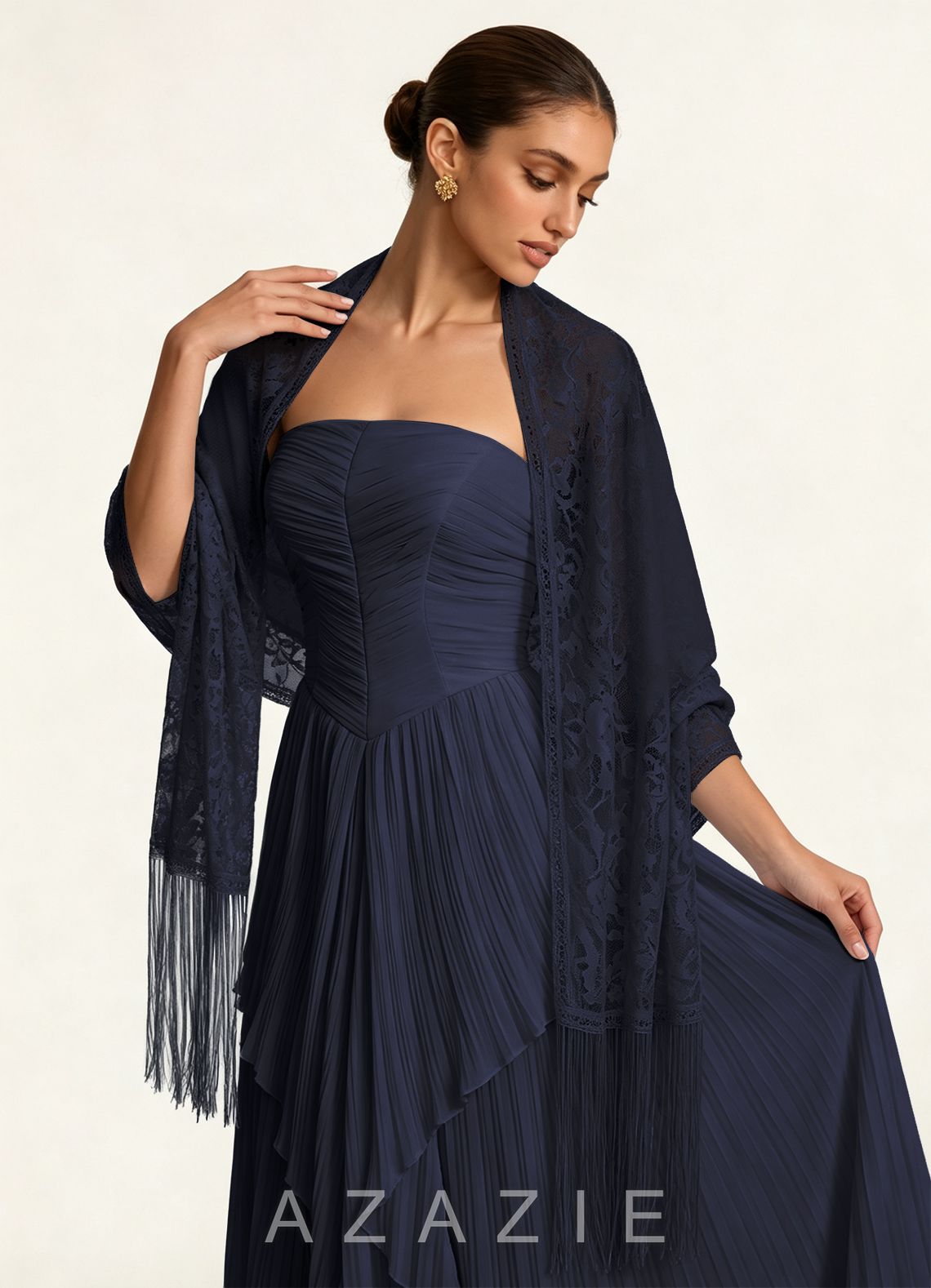 Azazie Floral Lace Tassel Shawl  navy