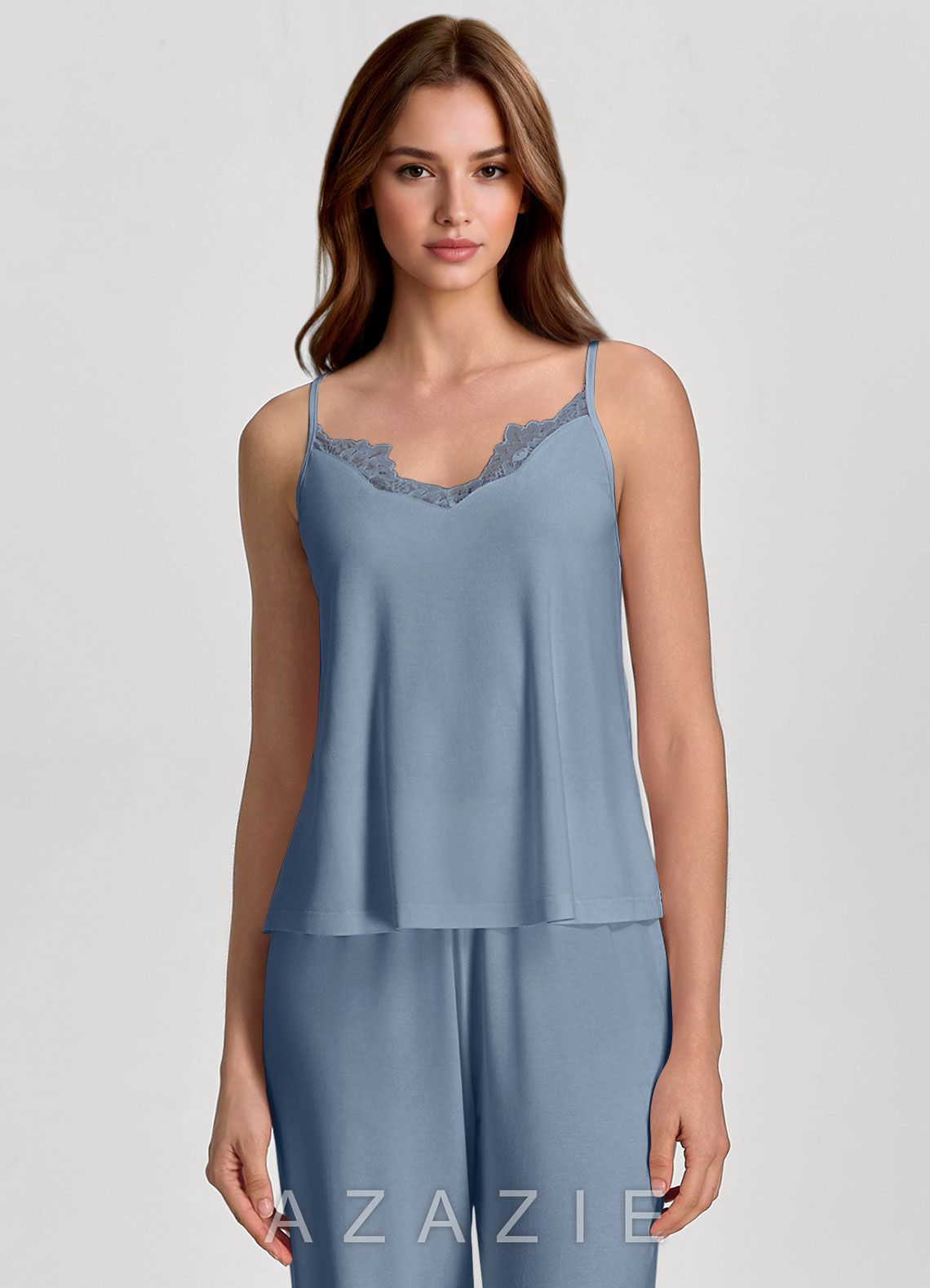 Soft Rayon Lace Trim Cami & Wide-Leg Pants Pajama Set  dusty_blue