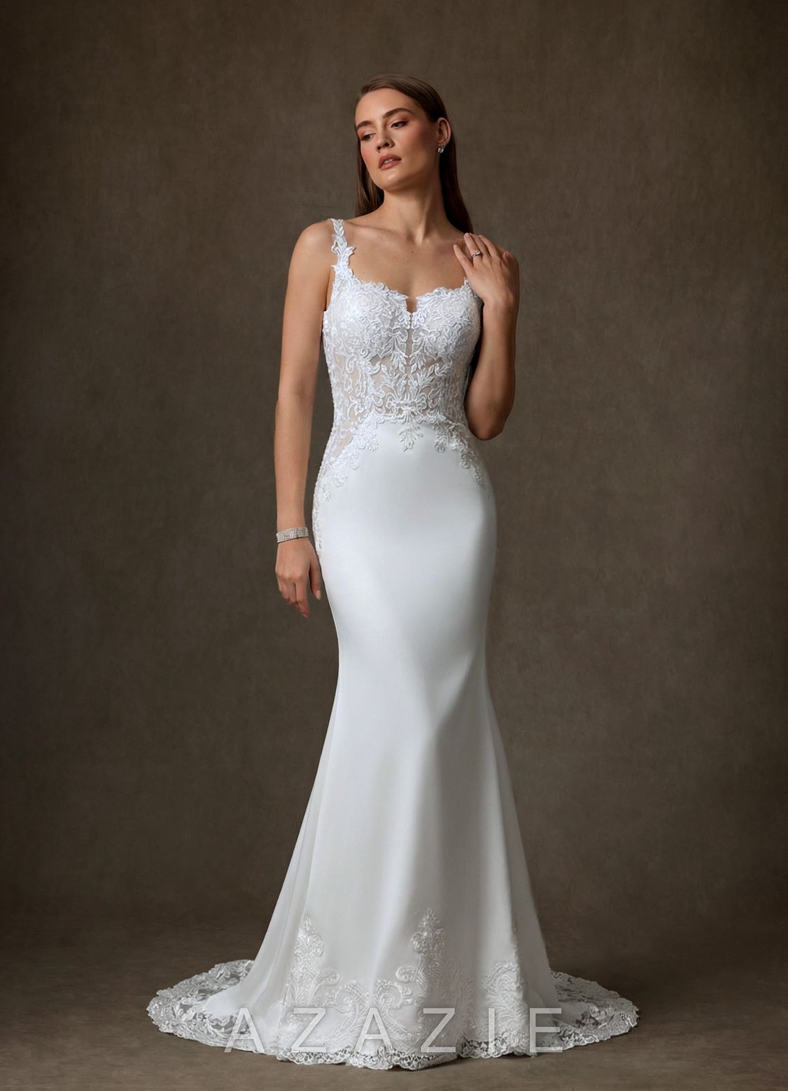 Azazie Isadora Diamond White Mermaid Lace Dress