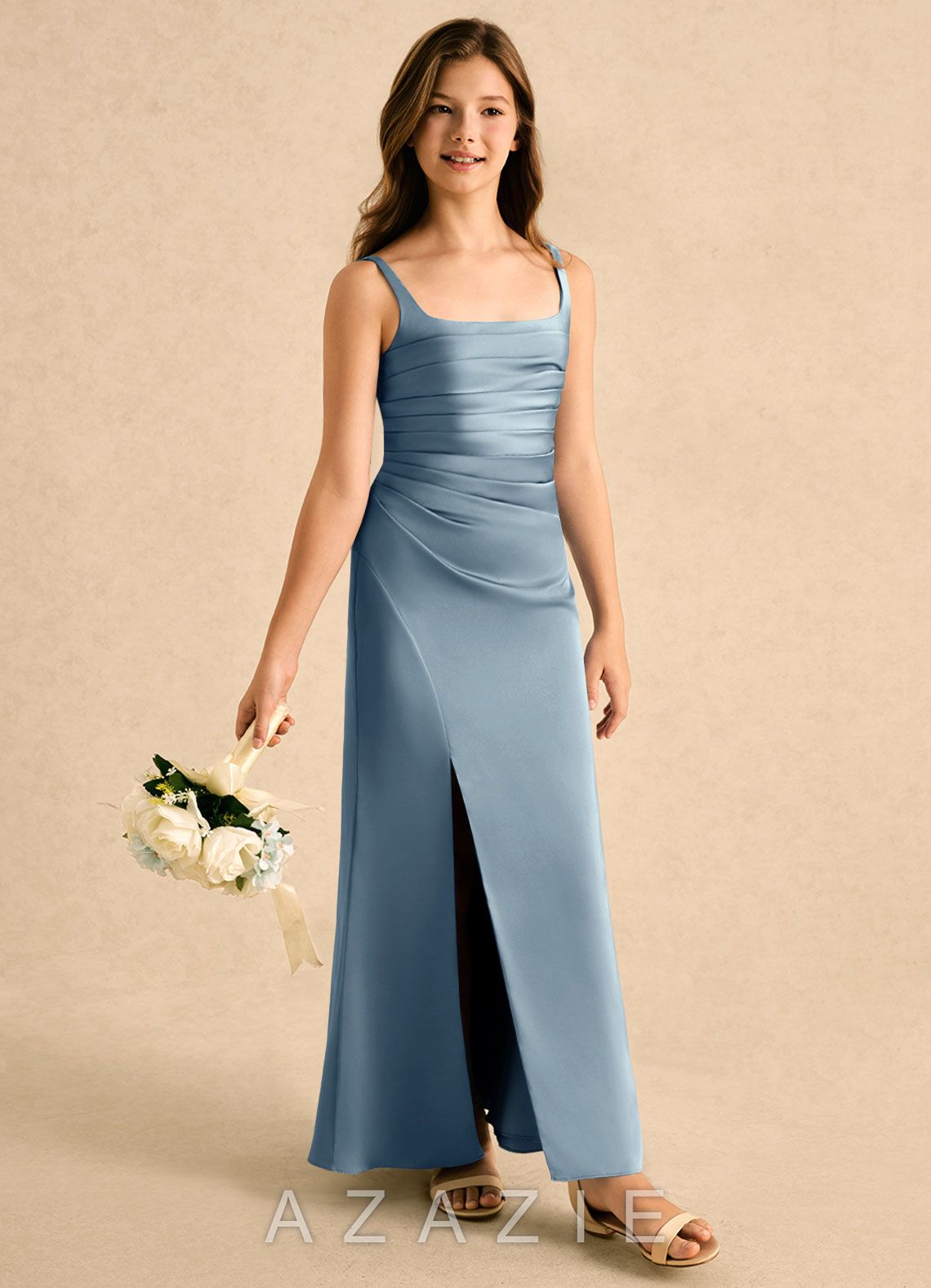 Azazie Nalah Girls Formal Dusty Blue A-Line Pleated Stretch Satin Dress dusty_blue