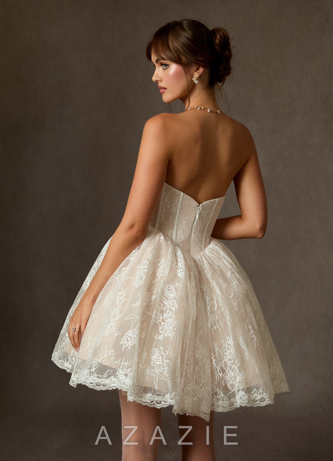 Azazie Clover Diamond White Champagne Ball-Gown Strapless Lace Dress diamond_white/champagne