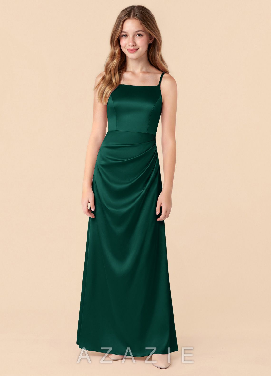 Azazie Renna Junior Emerald Mermaid Pleated Stretch Satin Dress emerald