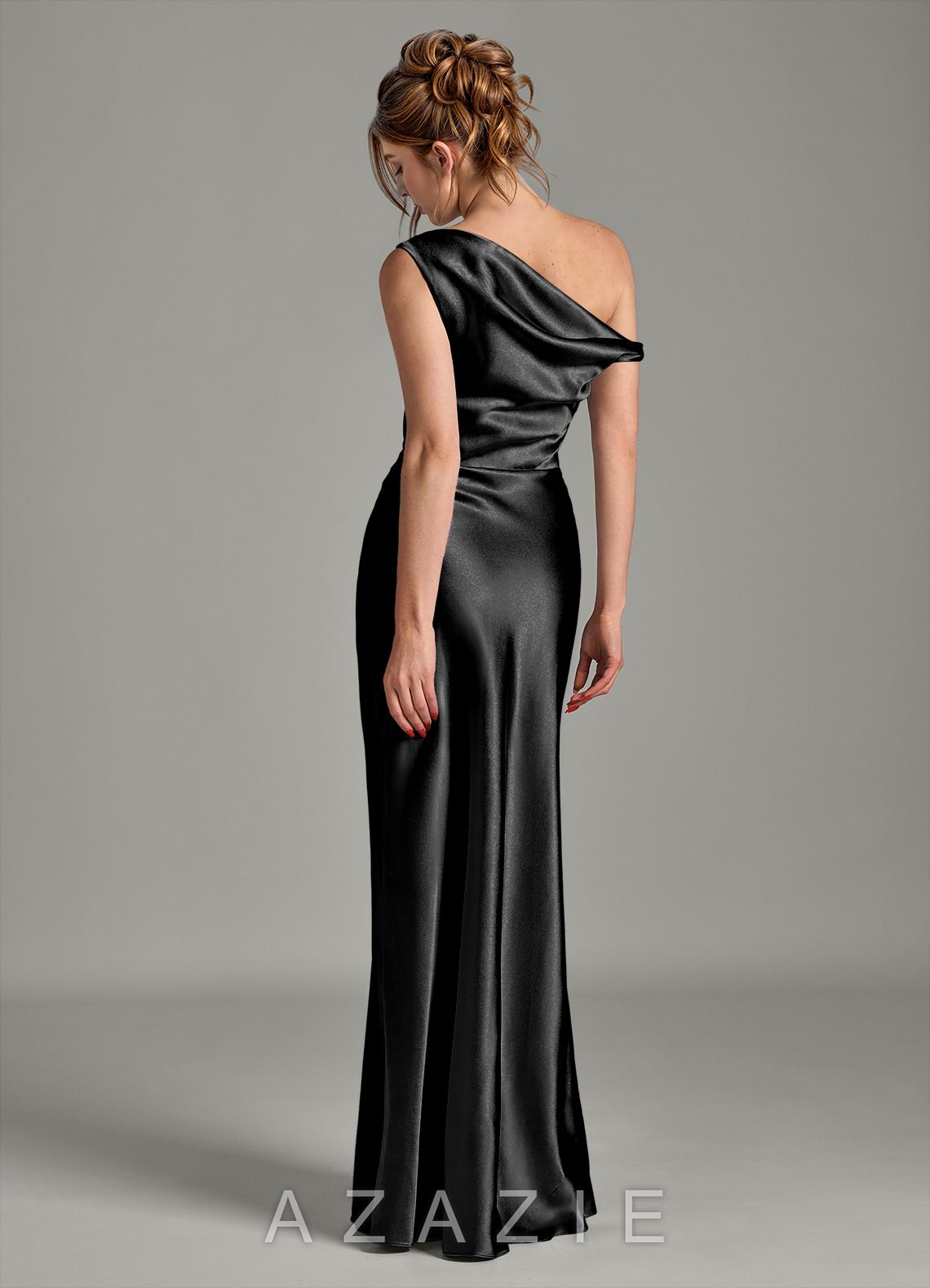 Azazie Emerson Black Mermaid Off the Shoulder Metallic Satin Dress black