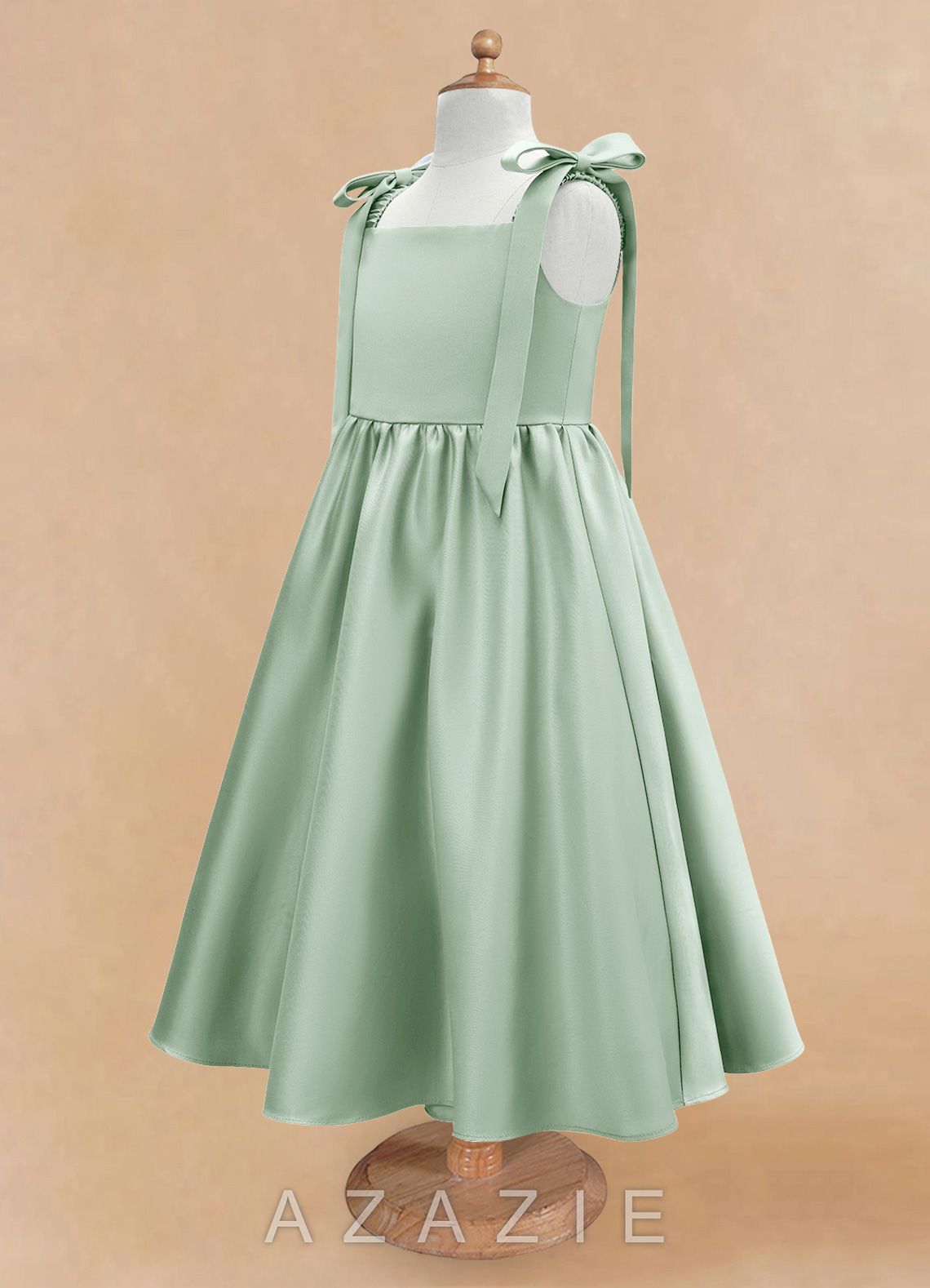Azazie Chelsie Agave A-Line Bow Matte Satin Dress agave
