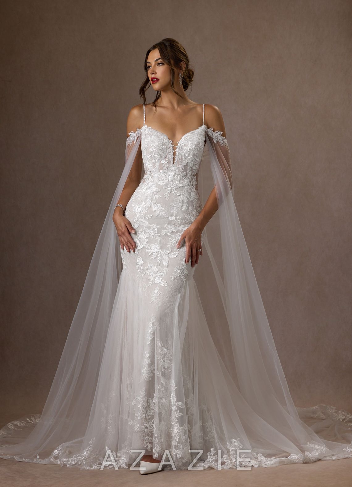 Azazie Leonie Wedding Dress Diamond White Mermaid V-Neck Sequins Tulle Dress