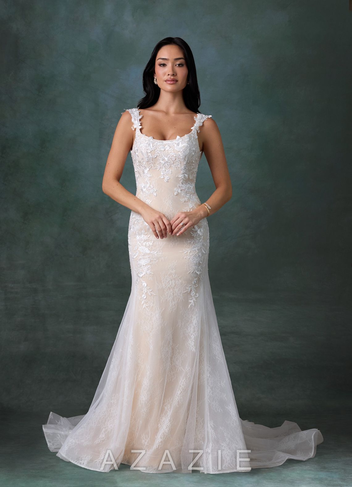 Azazie Veronica Diamond White Champagne Mermaid Tulle Dress