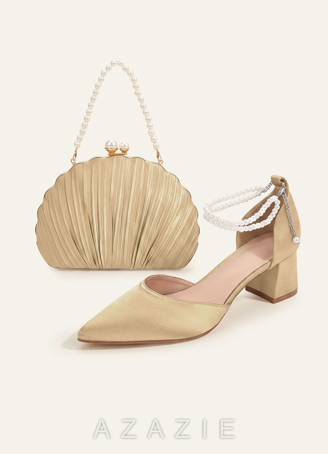 Matching Color Metallic Satin Pearl Strap Pointed Toe Block Heels & Shell-Shape Pleated Clutch Bag  champagne