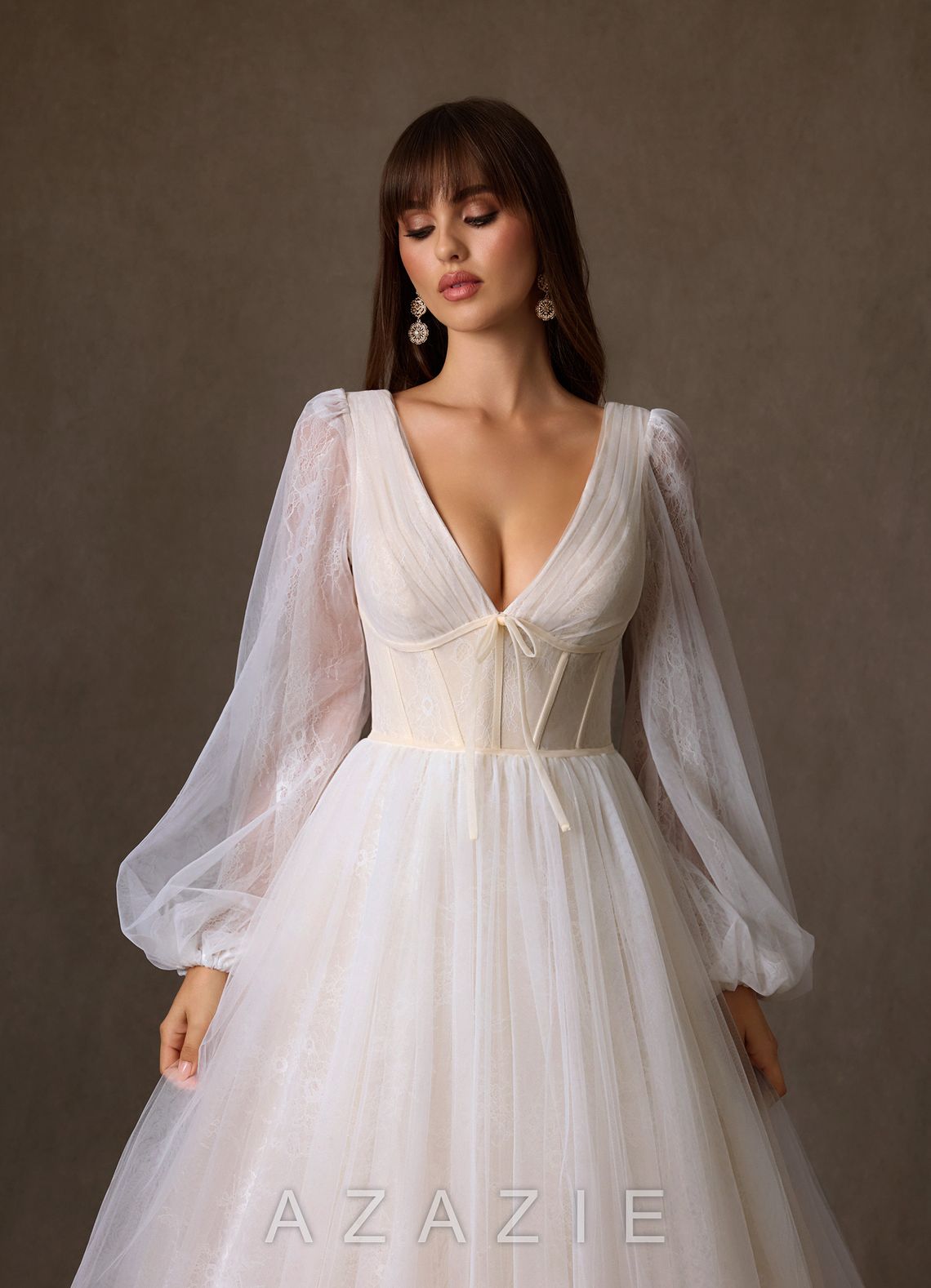 Azazie Cressida Wedding Dress Diamond White Champagne Ball-Gown Lace Tulle Dress diamond_white/champagne