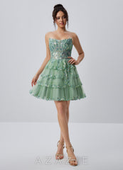 Esmayabella Sage Sequin Embroidery Beading Ruffles Corset Tulle Mini Dress