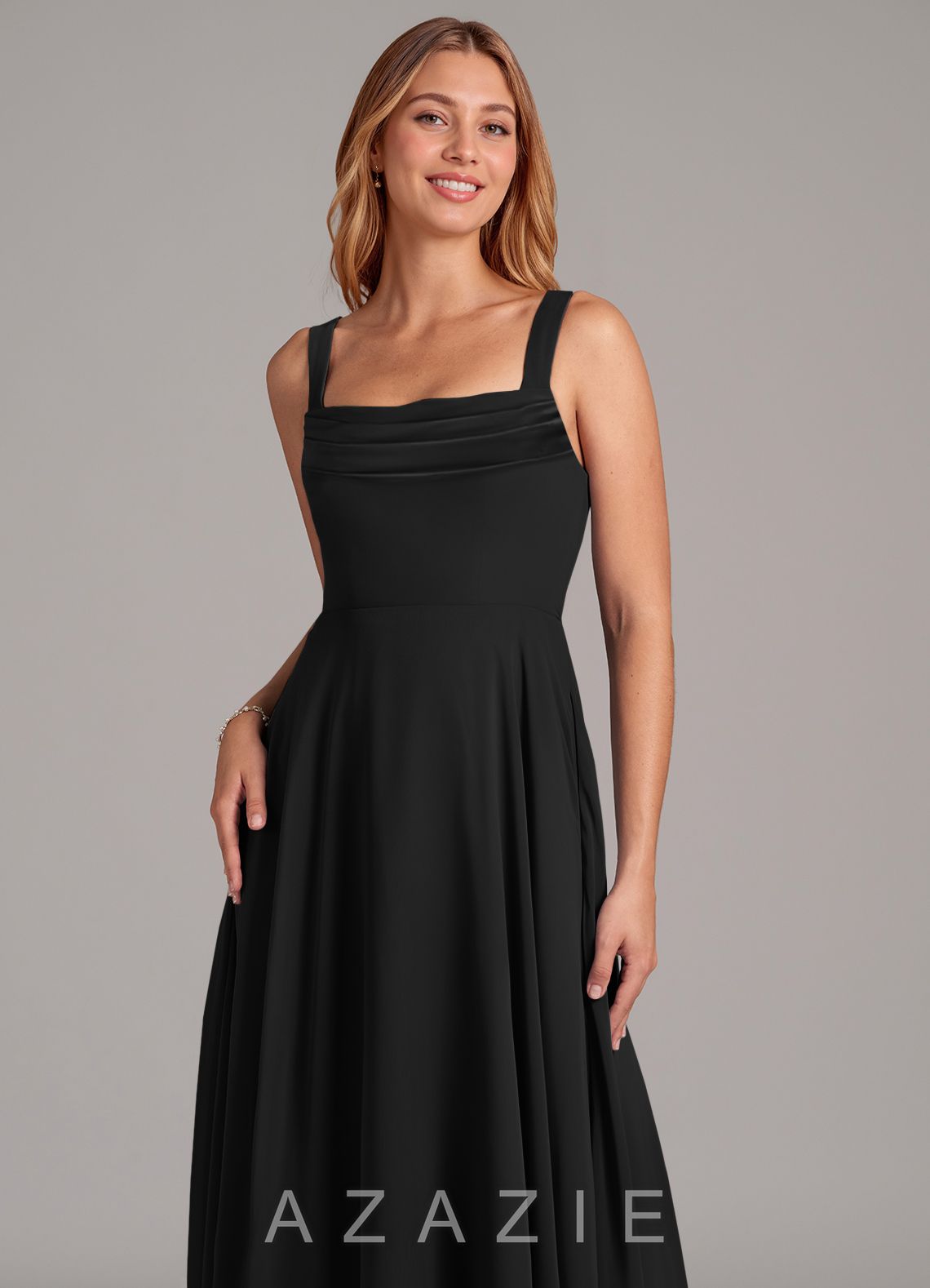 Azazie Shaude Black A-Line Pleated Chiffon Dress black