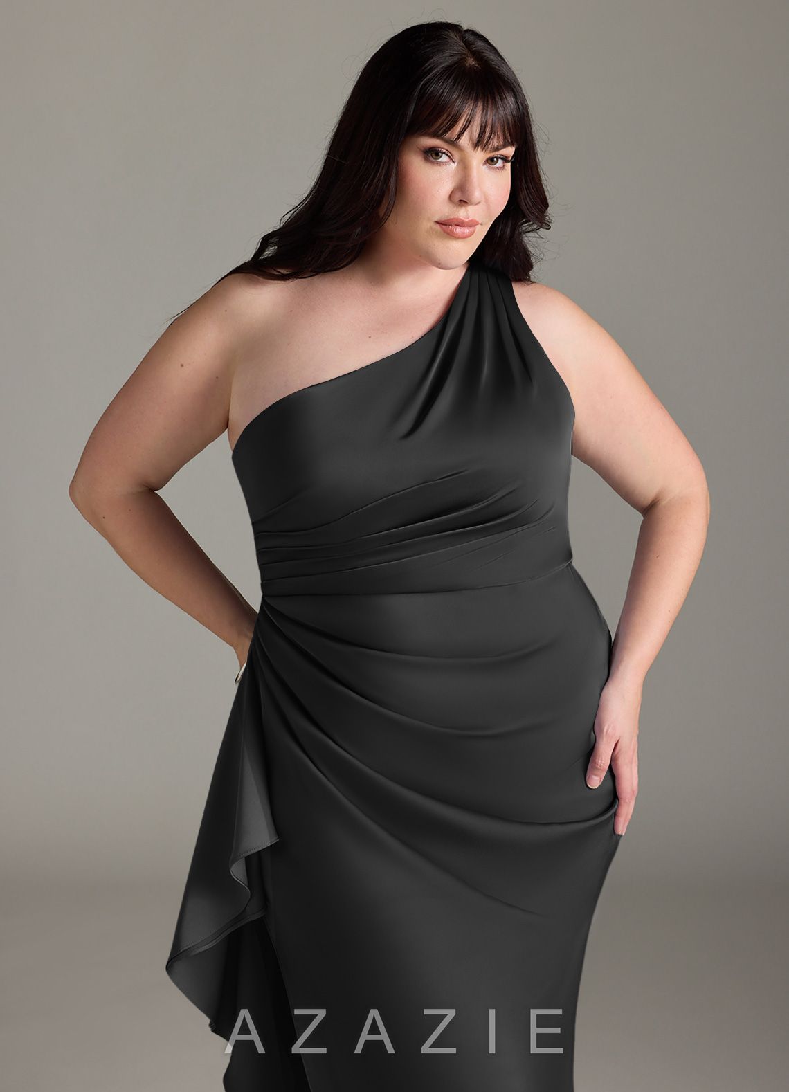 Azazie Latrice Black Sheath One Shoulder Cascading Ruffles Stretch Satin Dress black