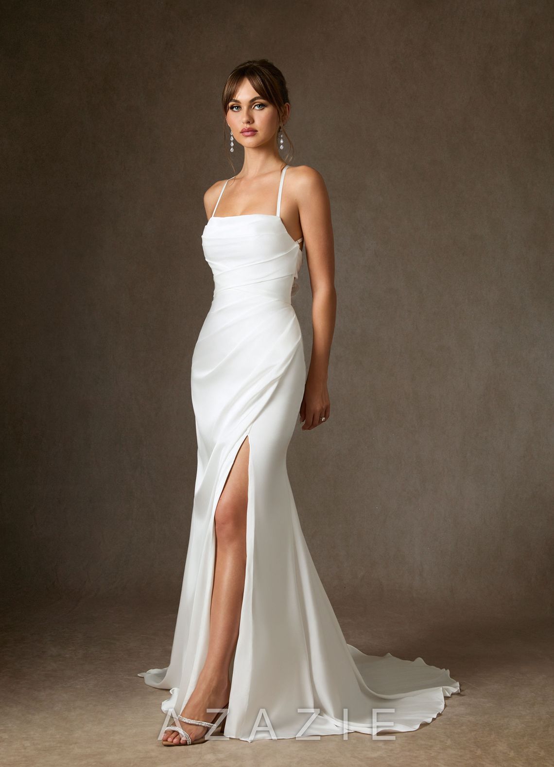 Azazie Kierra Wedding Dress Diamond White Mermaid Pleated Stretch Satin Dress diamond_white