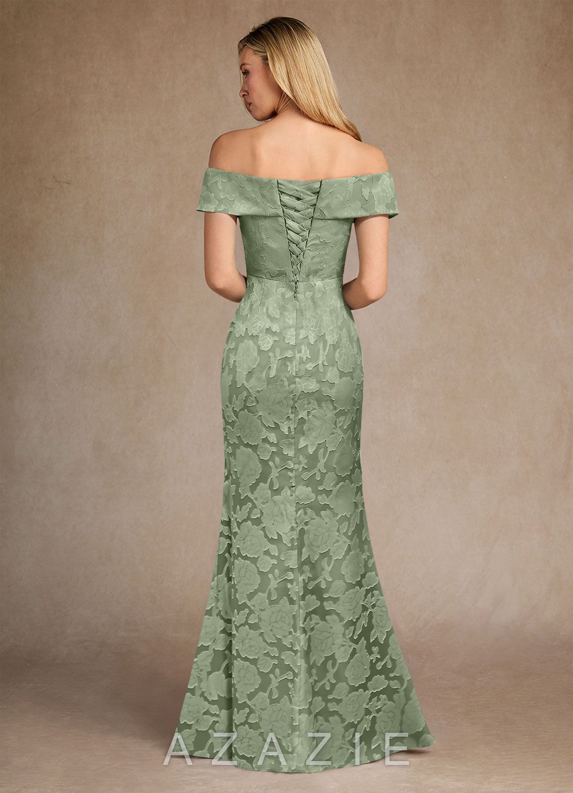 Azazie Canton Dusty Sage Mermaid Off the Shoulder Floral Burnout Dress dusty_sage