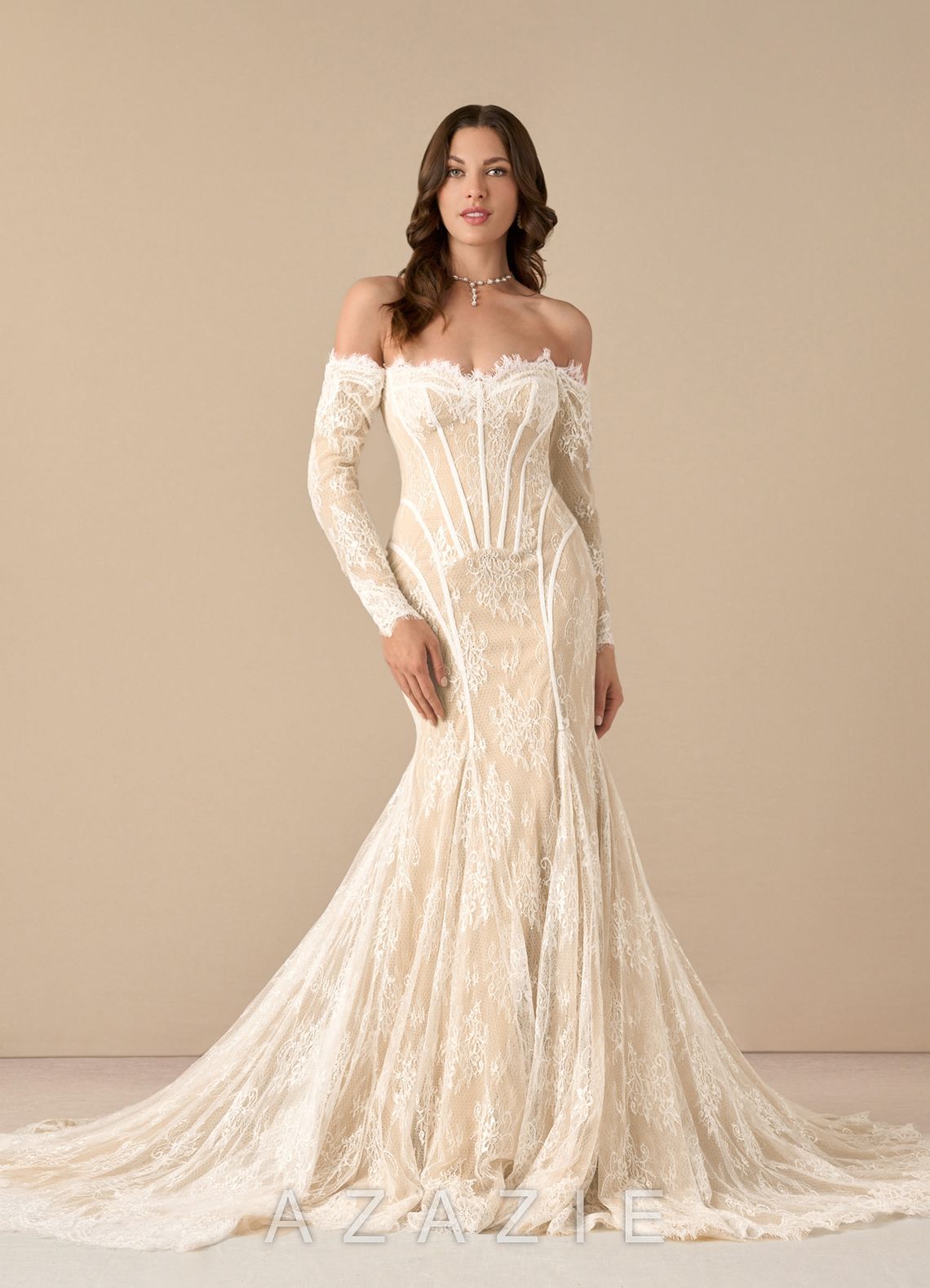 Azazie Katherine Wedding Dress Diamond White Champagne Mermaid Off the Shoulder Tulle Dress