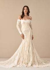 Azazie Katherine Wedding Dress Diamond White Champagne Mermaid Off the Shoulder Tulle Dress