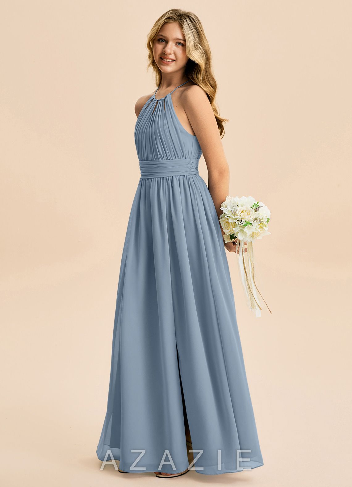 Azazie Noelle Junior Dusty Blue A-Line Pleated Chiffon Dress dusty_blue