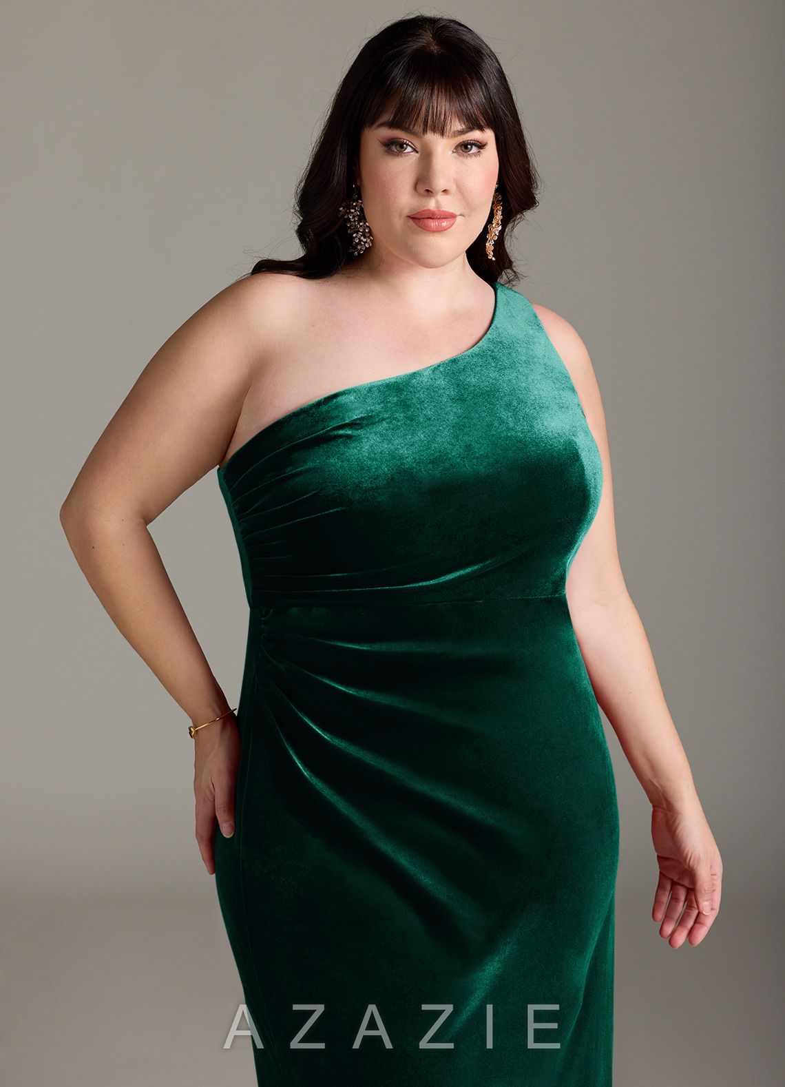Azazie Argan Emerald Mermaid One Shoulder Pleated Velvet Dress emerald
