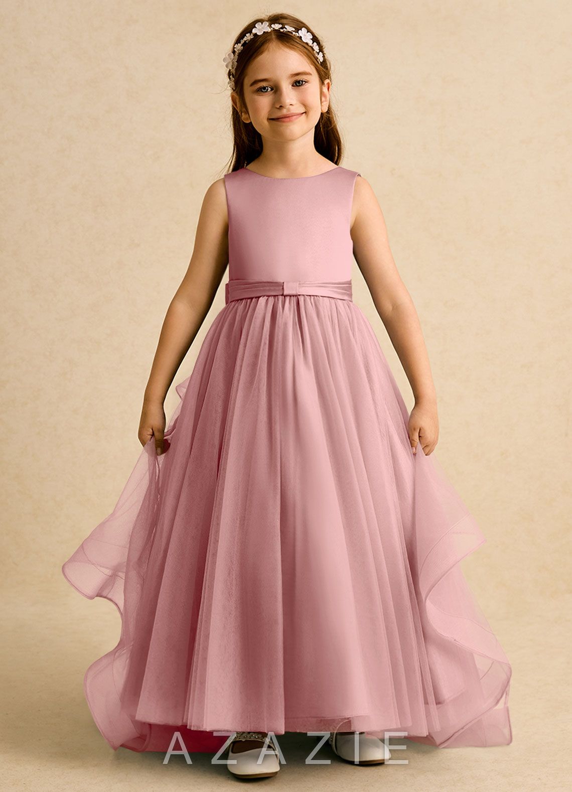 Azazie Lior Dusty Rose Ball-Gown Pleated Tulle Dress dusty_rose