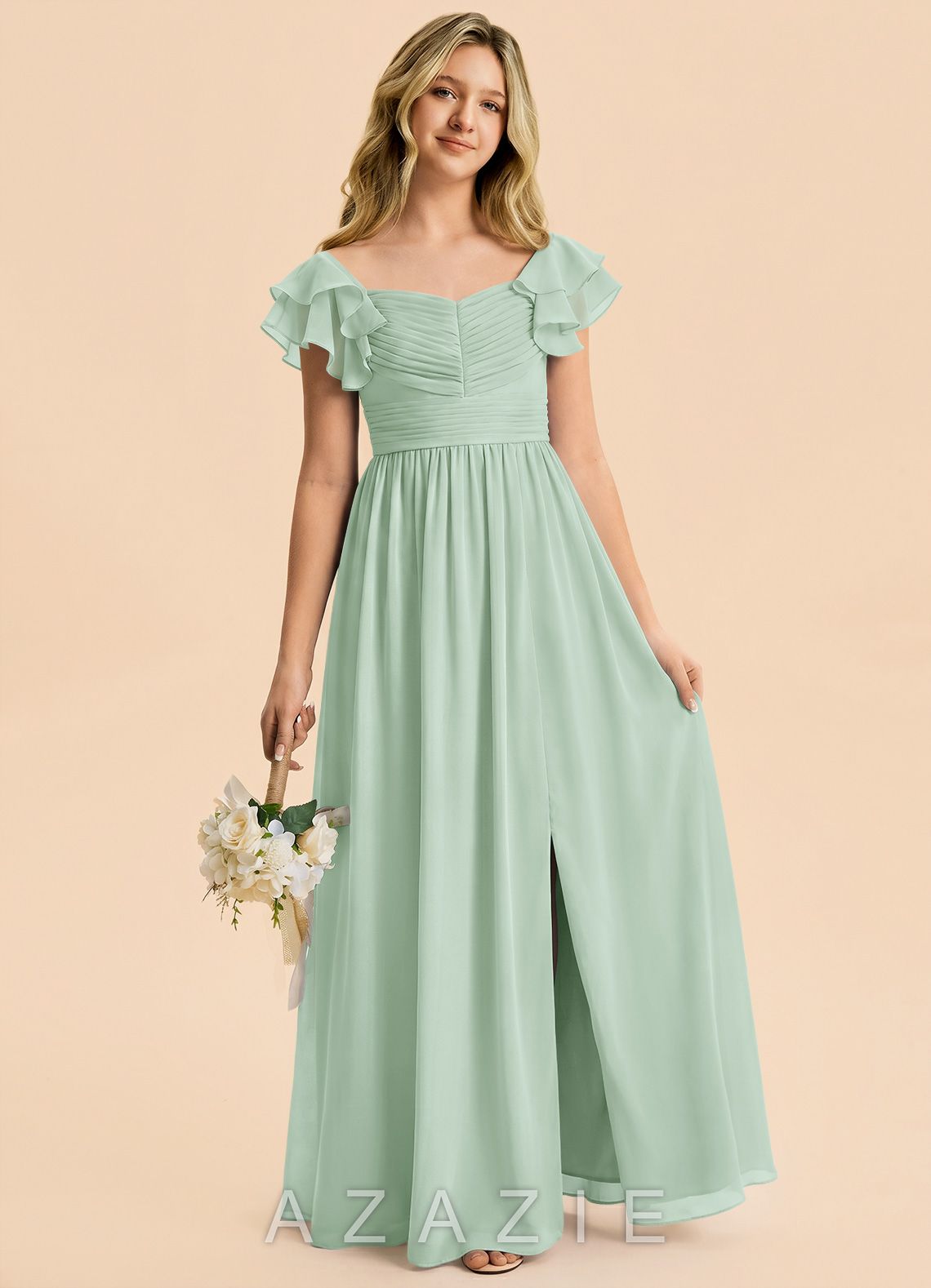 Azazie Anaya Junior Agave A-Line Sweetheart Neckline Chiffon Dress agave