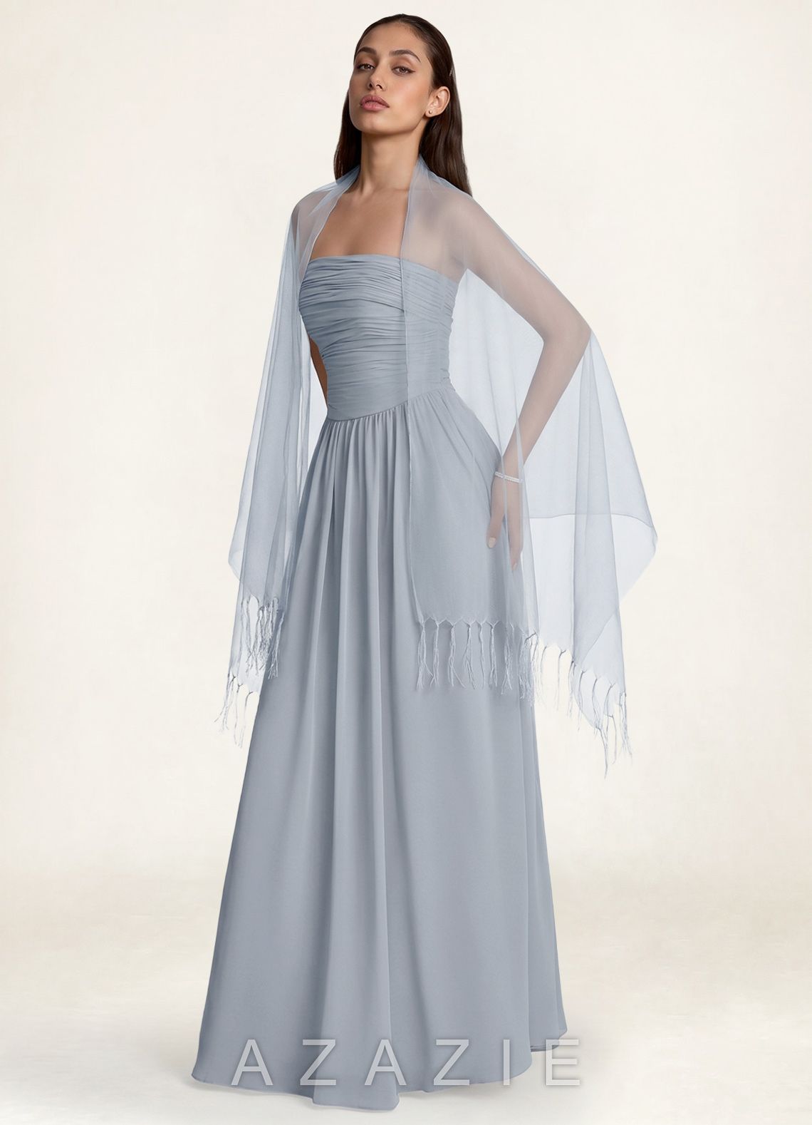 Azazie Sheer Tassel Organza Shawl  dusty_blue