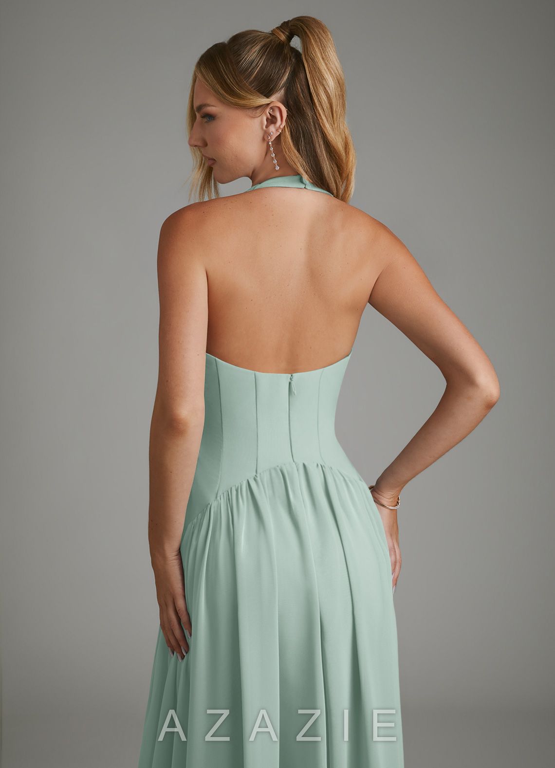 Azazie Alicia Agave A-Line Pleated Chiffon Dress agave