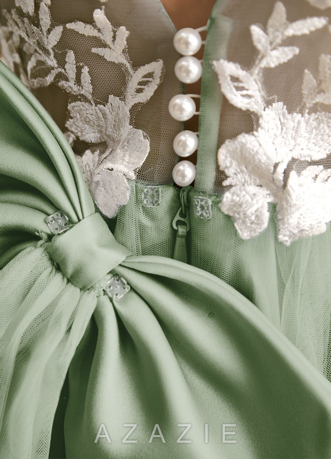 Azazie Mixie Dusty Sage Ball-Gown Lace Dress dusty_sage