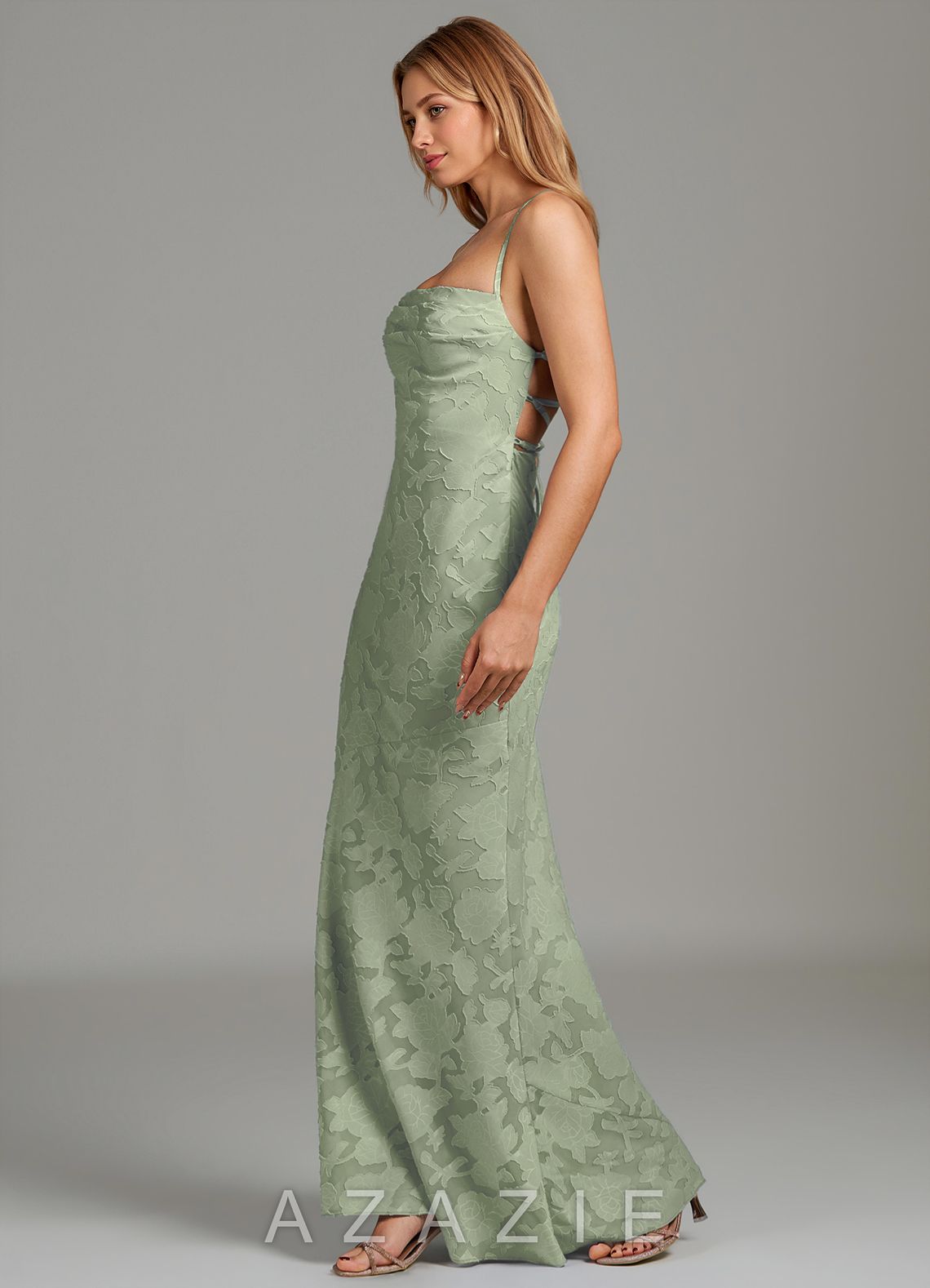 Azazie Ola Agave Mermaid Corset Floral Burnout Dress agave