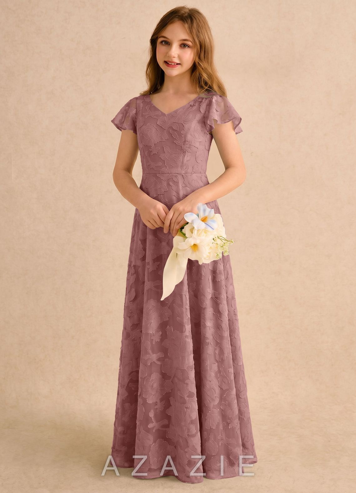 Azazie Narin Girls Formal Dusty Rose A-Line with Sleeves Floral Burnout Dress dusty_rose