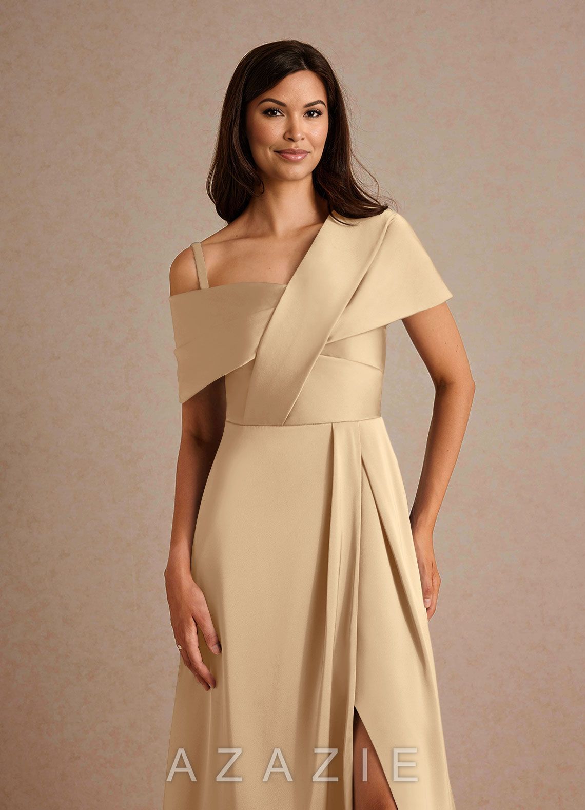 Azazie Milton Champagne A-Line Pleated Stretch Satin Dress champagne