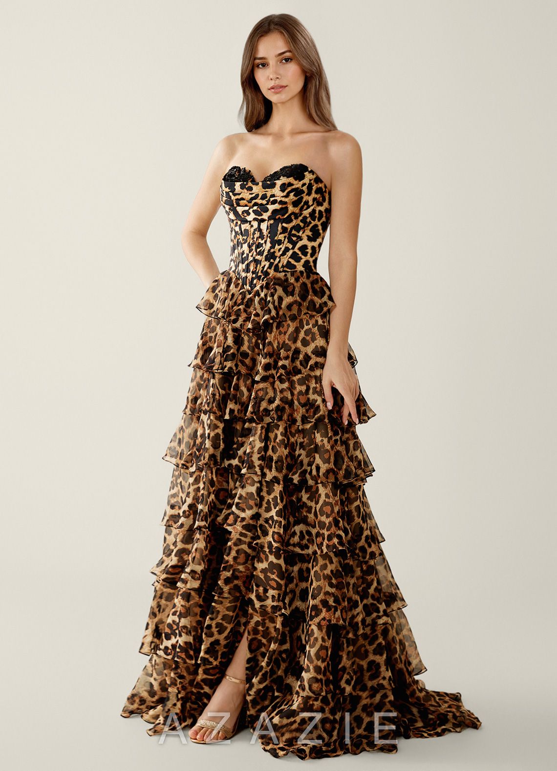 Samara Brown Leopard Ruffled A-Line Prom Dress