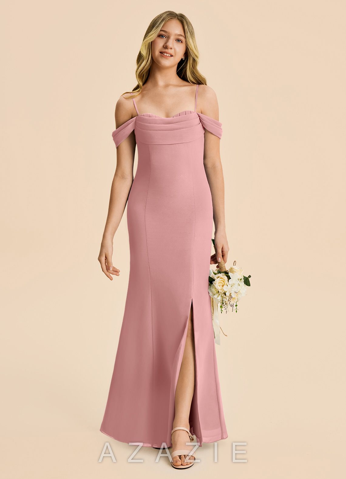 Azazie Nira Junior Dusty Rose Mermaid Ruched Chiffon Dress dusty_rose
