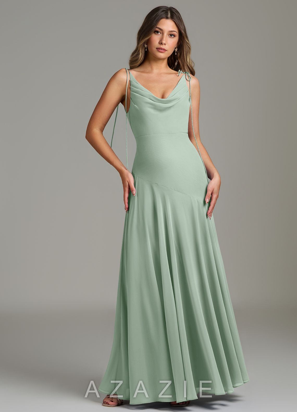 Azazie Dawn Agave Mermaid Pleated Chiffon Dress agave
