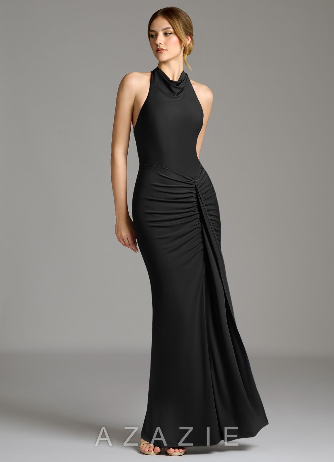 Azazie Raevynn Black Mermaid Pleated Premium Stretch Jersey Dress black