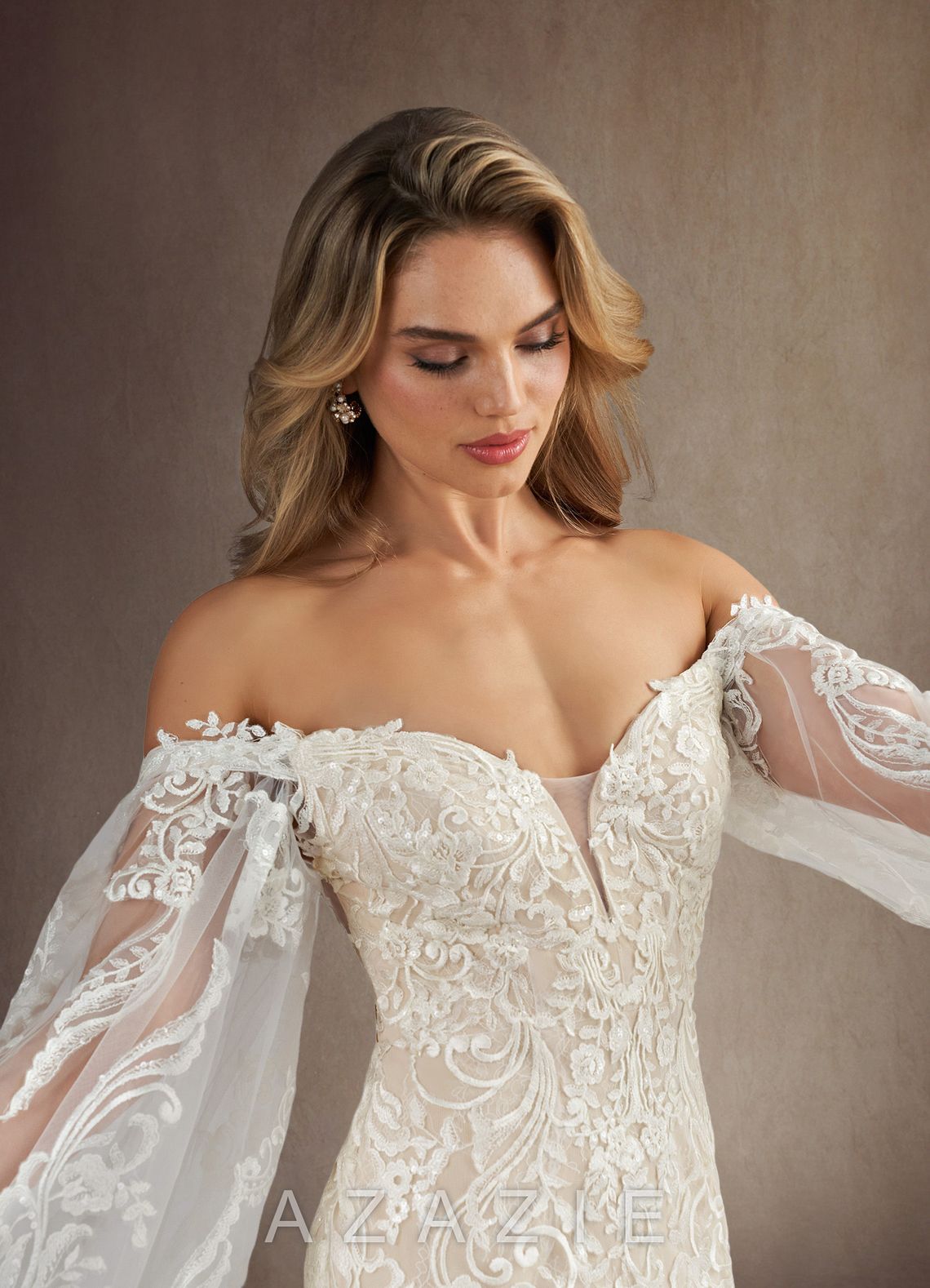 Azazie Memphis Wedding Dress Diamond White Nude Mermaid V-Neck Sequins Lace Dress diamond_white/nude