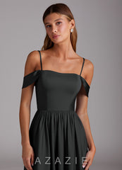 Azazie Calianna Black A-Line Off the Shoulder Stretch Satin Convertible Dress black