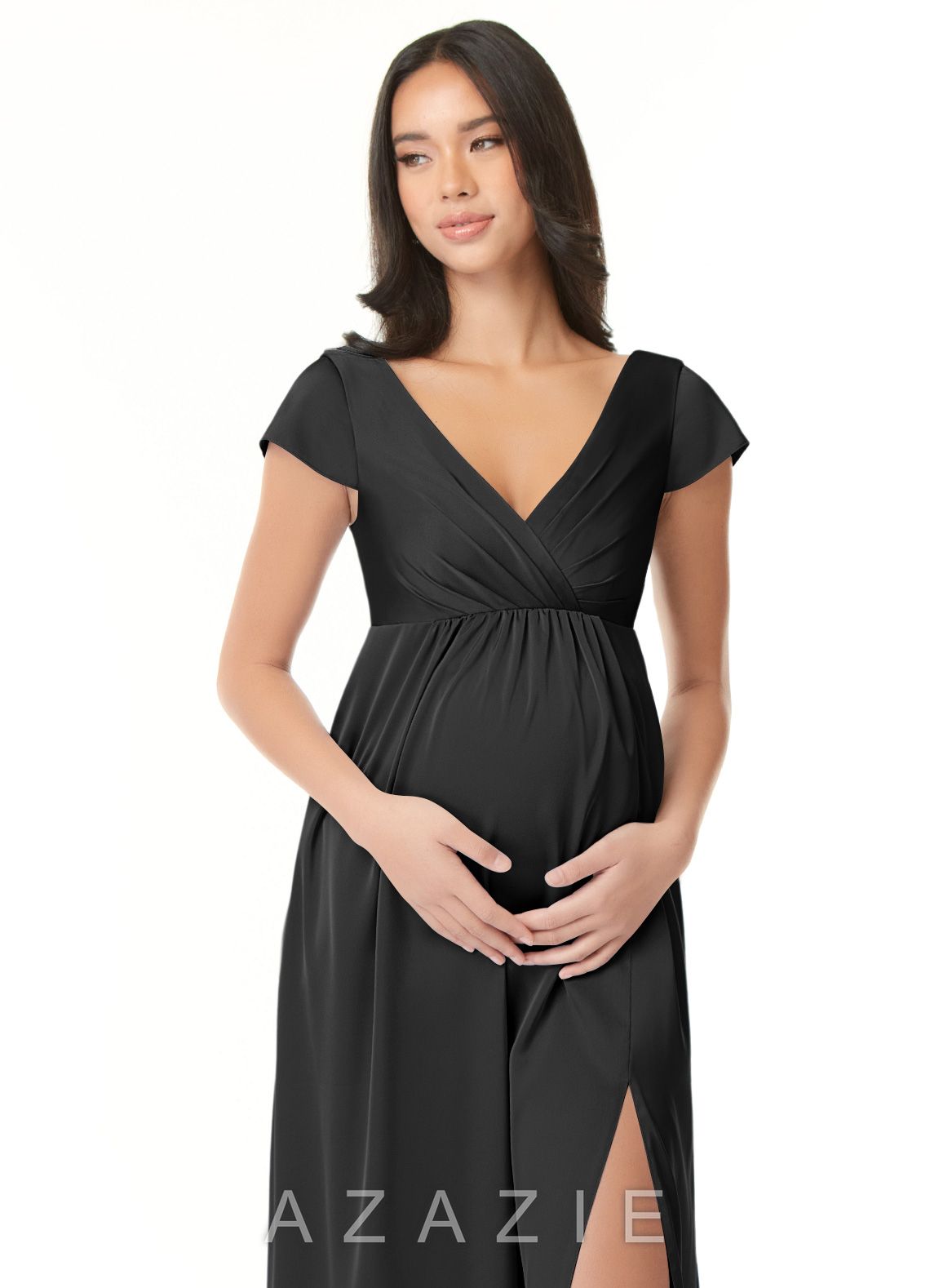 Azazie Allessia Stretch Satin Dress A-Line Pleated Stretch Satin Floor-Length Dress black
