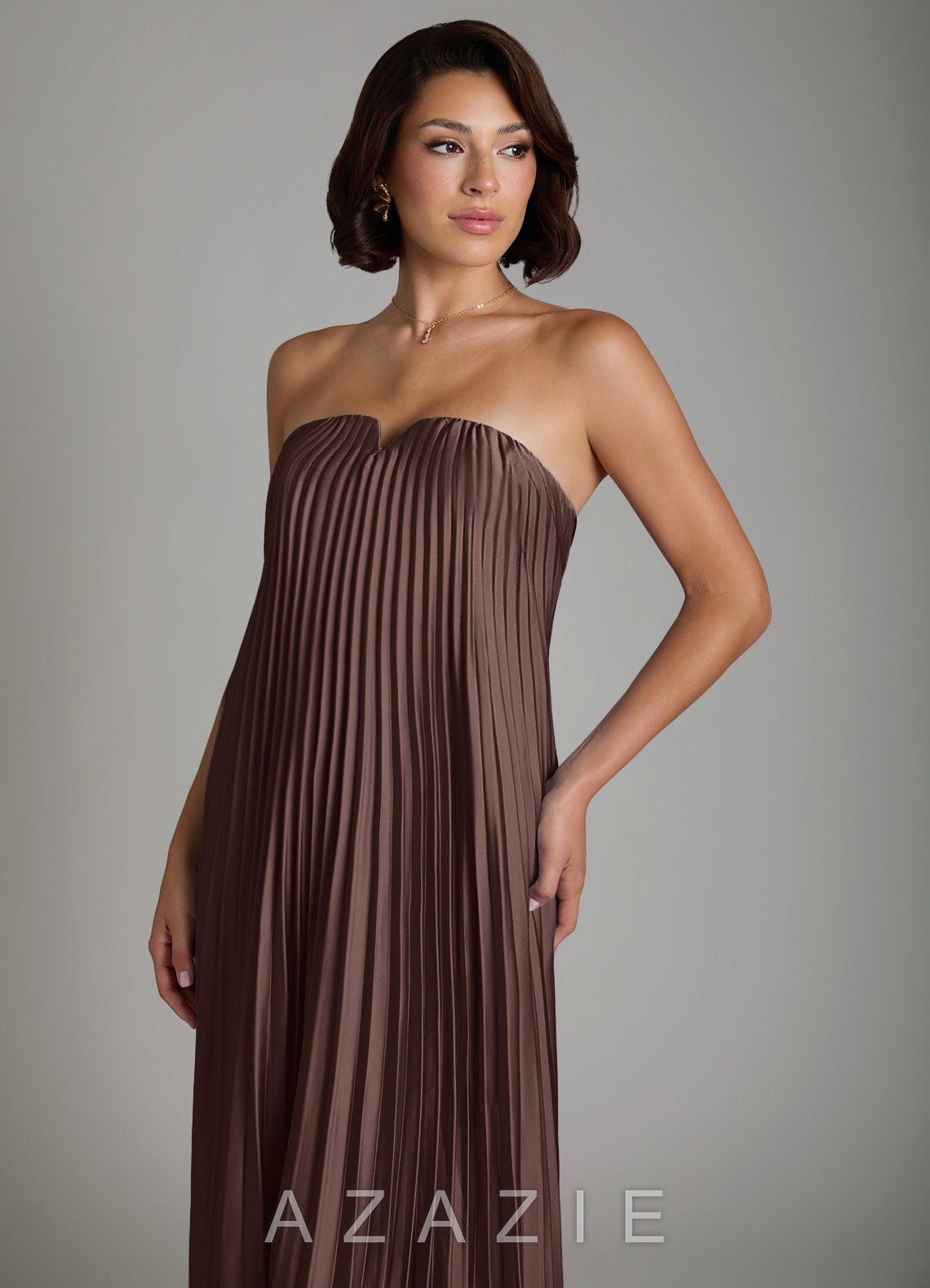 Azazie Rayna Ganache A-Line Strapless Stretch Satin Dress ganache