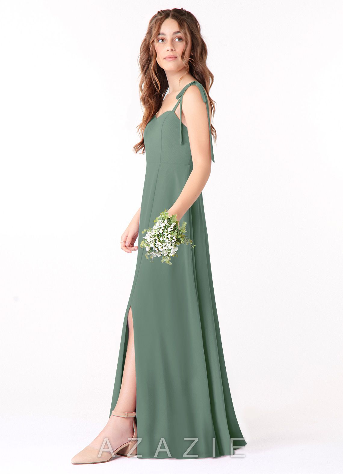 Azazie Rosey Junior Eucalyptus A-Line Sweetheart Neckline Chiffon Dress eucalyptus