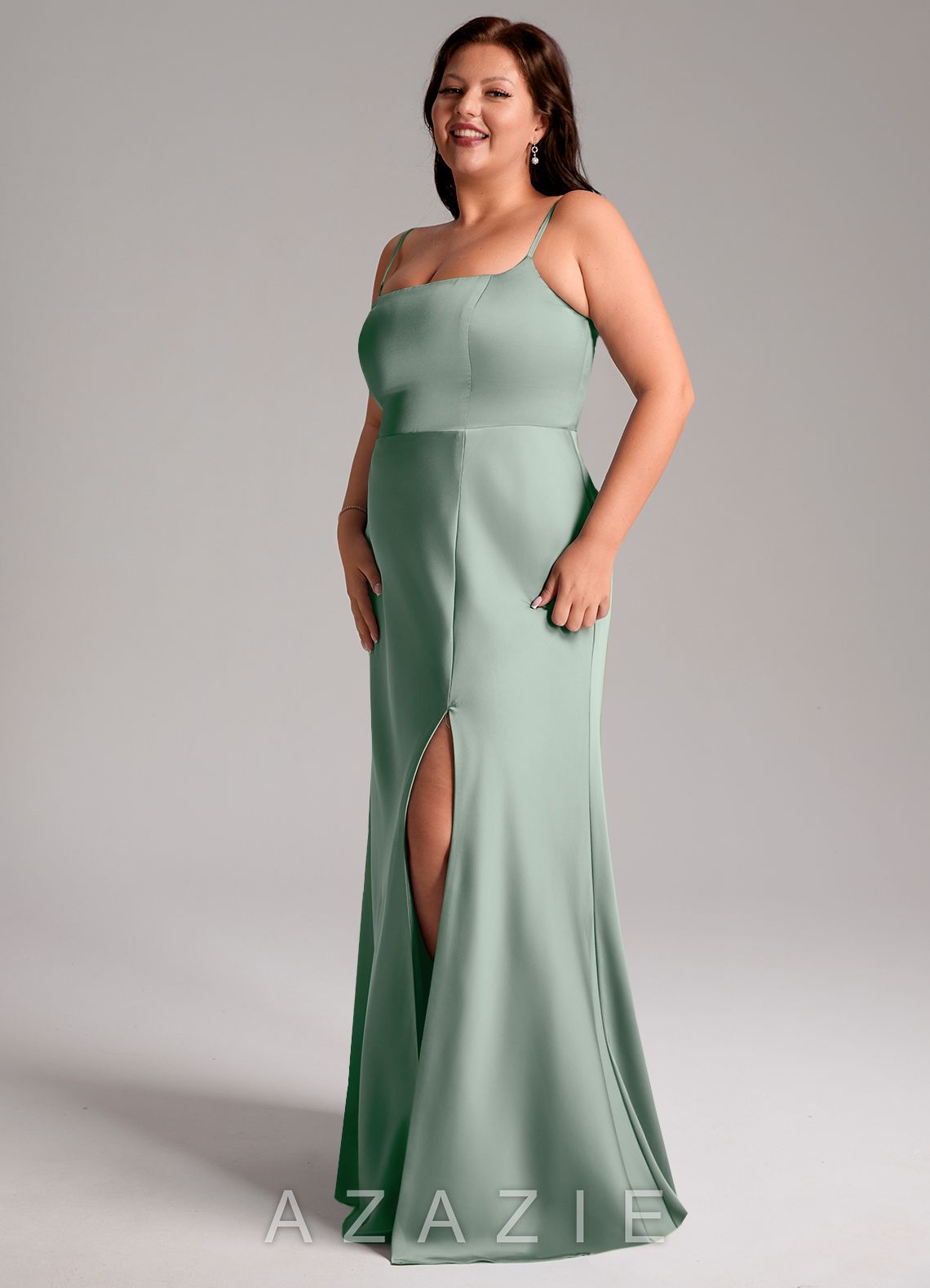 Azazie Lidia Agave Mermaid Side Slit Stretch Satin Dress agave