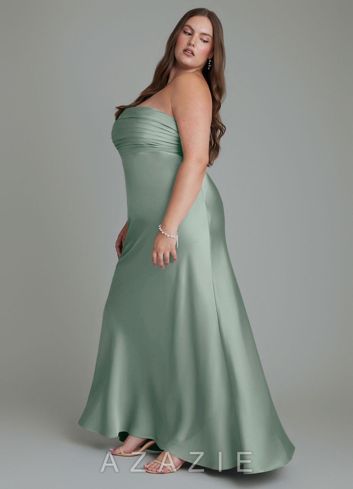 Azazie Saylor Agave Mermaid Strapless Stretch Satin Dress agave