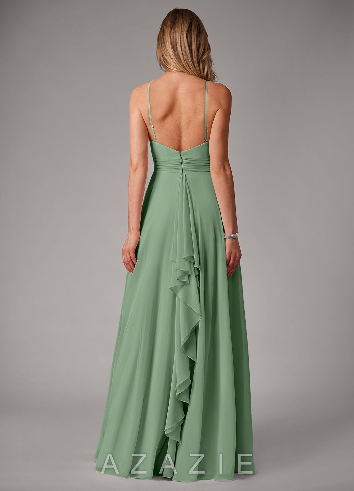 Azazie Amalia Matcha A-Line Pleated Chiffon Dress matcha