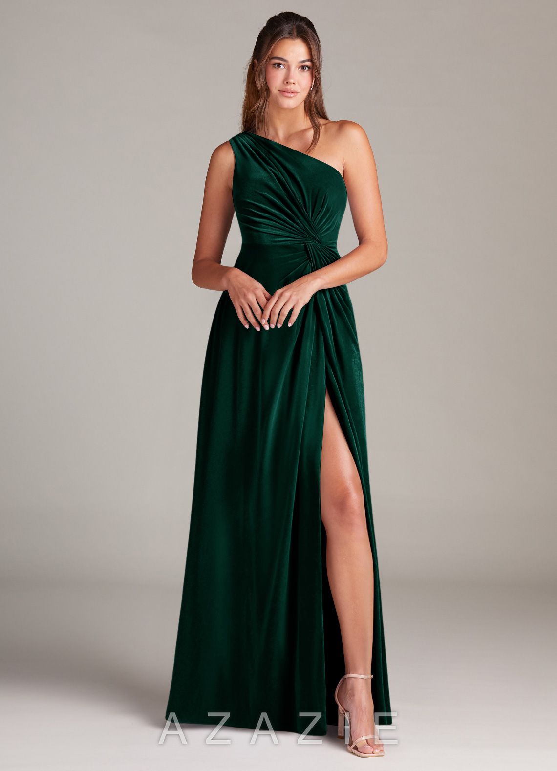 Azazie Brooke Emerald A-Line One Shoulder Velvet Dress emerald
