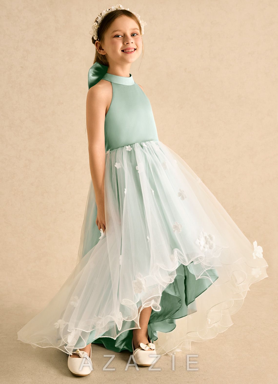 Azazie Cerra Agave A-Line Pleated Tulle Dress agave