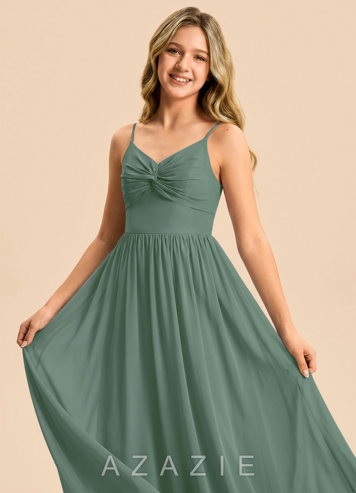 Azazie Zeya Junior Eucalyptus A-Line Chiffon Dress