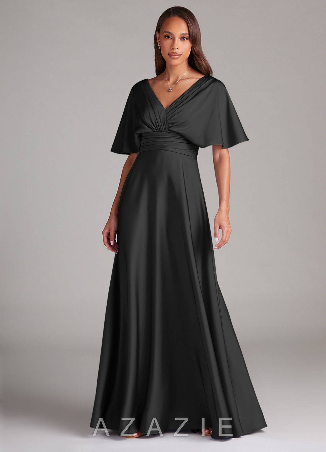 Azazie Pamela Black A-Line Pleated Stretch Satin Dress