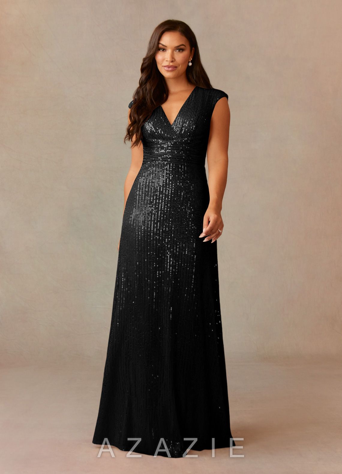 Azazie Sacramento Black A-Line Ruched Sequins Dress