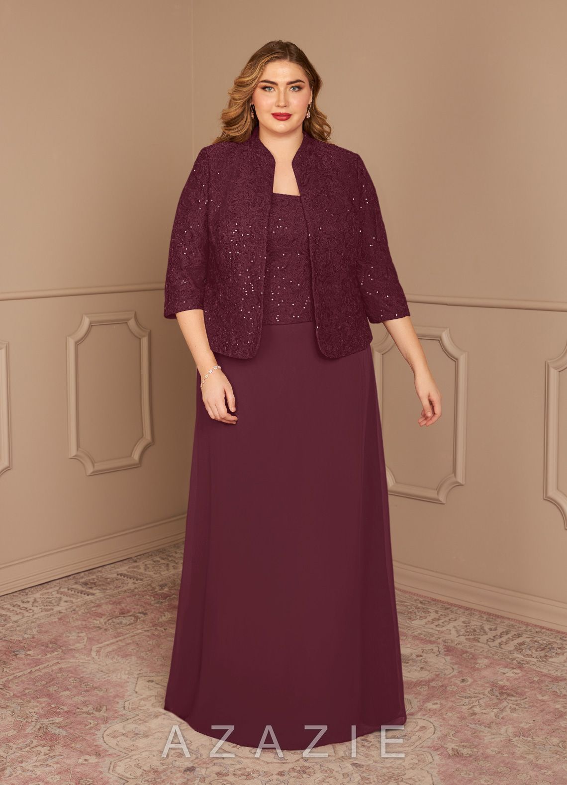 Azazie Cornelia Cabernet Sheath Square Neckline Sequins Chiffon Dress cabernet